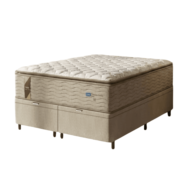 Cama Box Baú Colchão Casal Queen Probel Molas Guarda Costas Max Pillow Top 158x198x81cm Bege/ Bege